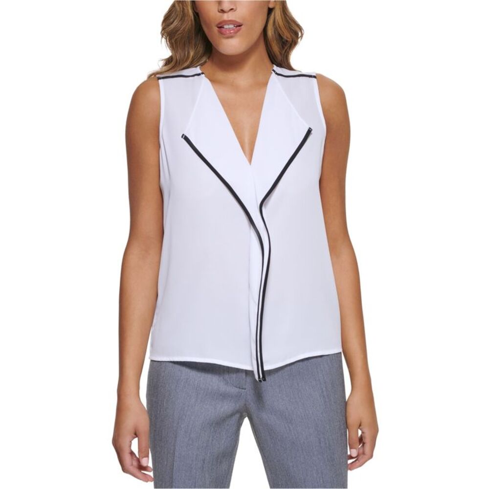 Calvin Klein Womens Ruffle Front Sleeveless Blouse Top, White, M, DM